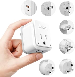 Ceptics World Power Plug Adapter Set, Dual USB & USB-C 3.1A, 20W with QC-PD, 2 USA Outlet Compact & Powerful, Use In Europe, Asia, Australia, Japan, Includes Type A, B, C, E/F, G, I SWadAPt Attachment - Image 1