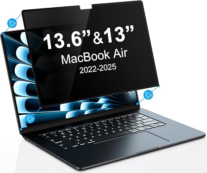 PYS Privacy Screen Protector for MacBook Air 13.6/13 Inch (2022-2025, M2, M3, M4) - Nano Attach, Anti-Spy, Reusable & Removable, Blue Light & UV Blocking, 2Pcs Camera Cover Slide, Case Friendly