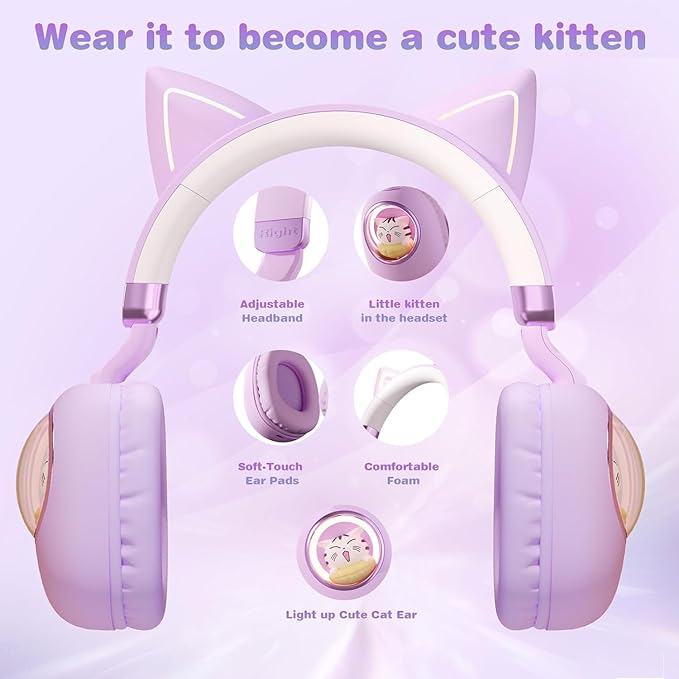 Cat Ear Headset, Kids Headphone Volume Limited 85dB, Wireless Bluetooth Over-Ear Foldable Headphone with Built-in Mic for Girls in Travel School with Phone Pad Tablet Laptop PC PS4, Xbox