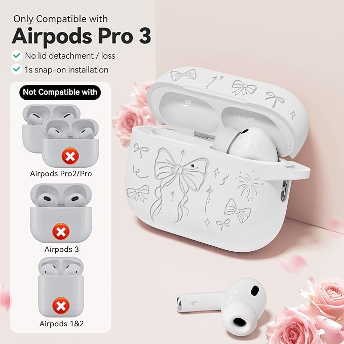 for Airpods Pro 3 Case Cover, Joremx Cute Bow Engraved Silicone Protective Case Cover with Keychain, Cleaner Kit for Airpods Pro 3rd Generation (2025) (White)