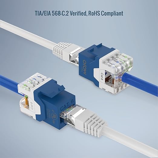 Tecmojo UL Listed 1000 Mbps Cat6 Keystone Jack Insert 25 -Pack, 180 Degree Punch Down RJ45 Keystone Jack Adapter Slim Profile for Patch Panel & Wall Plate, Blue
