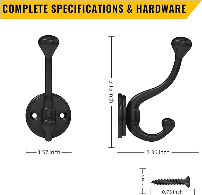 6 Pack Wall Hooks for Hanging, Heavy Duty Coat Hook Wall Mount, Easy to Install Metal Closet Hooks, Apply to Bathrooms, Bedrooms, Living Rooms, Entrances (Black)