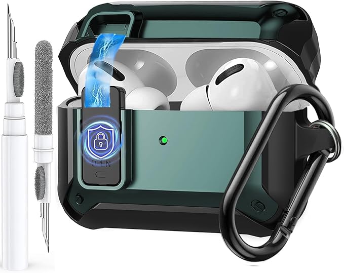 for Airpods Pro 3 Case with Magnetic Automatic Lock, Rugged Apple Airpods Pro 3rd Generation Cover 2025, Armor Shockproof iPod Pro3 Gen Protective Shell with Carabiner&Cleaner kit,Black/Green