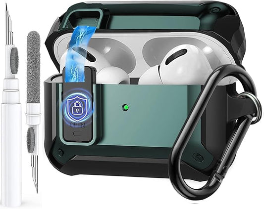 for Airpods Pro 3 Case with Magnetic Automatic Lock, Rugged Apple Airpods Pro 3rd Generation Cover 2025, Armor Shockproof iPod Pro3 Gen Protective Shell with Carabiner&Cleaner kit,Black/Green