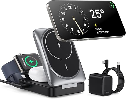 3 in 1 Wireless Charger Station for iPhone, 2026 Upgraded Travel Foldable Magnetic 15W Fast Wireless Charging Stand for Mag-Safe with 30W USB C Adapter for iPhone 17/16/15/14/13/12,Apple Watch,AirPods