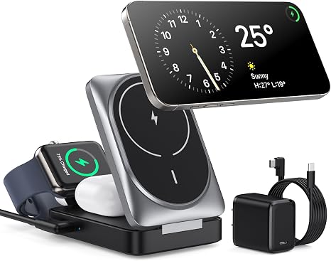 3 in 1 Wireless Charger Station for iPhone, 2026 Upgraded Travel Foldable Magnetic 15W Fast Wireless Charging Stand for Mag-Safe with 30W USB C Adapter for iPhone 17/16/15/14/13/12,Apple Watch,AirPods