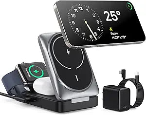 3 in 1 Wireless Charger Station for iPhone, 2026 Upgraded Travel Foldable Magnetic 15W Fast Wireless Charging Stand for Mag-Safe with 30W USB C Adapter for iPhone 17/16/15/14/13/12,Apple Watch,AirPods