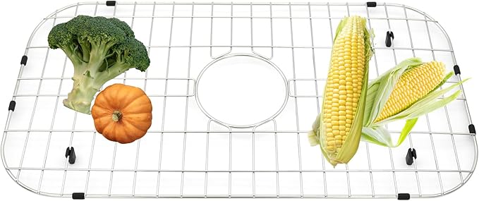 Kitchen Sink Grid 26-1/8"x14-1/4 - Heavy Duty Kitchen Sink Protector with Built-in Strainer & Center Drain, Non-Slip Rubber Feet & Scratch Resistant Bottom Guard