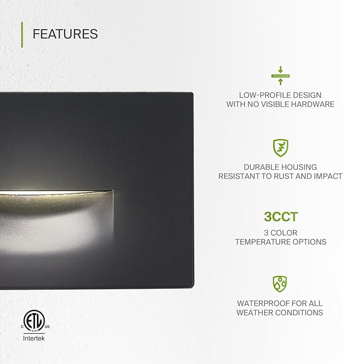ASD LED Recessed Step Light Fixture, Outdoor & Indoor Stair Tread Lighting | 3CCT, Dimmable, Waterproof, ETL Listed | 3W 120LM 3000K-5000K 120V | Staircase Hardwired Illumination | Black, 24 Pack