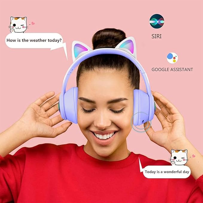 Cat Ear Gaming Bluetooth 5.3 Wireless Foldable Headphones with LED Light, Game Surround Sound Over-Ear Headsets with Microphone AUX for PC, Pad, Mobile, Laptop, Kids, Gift