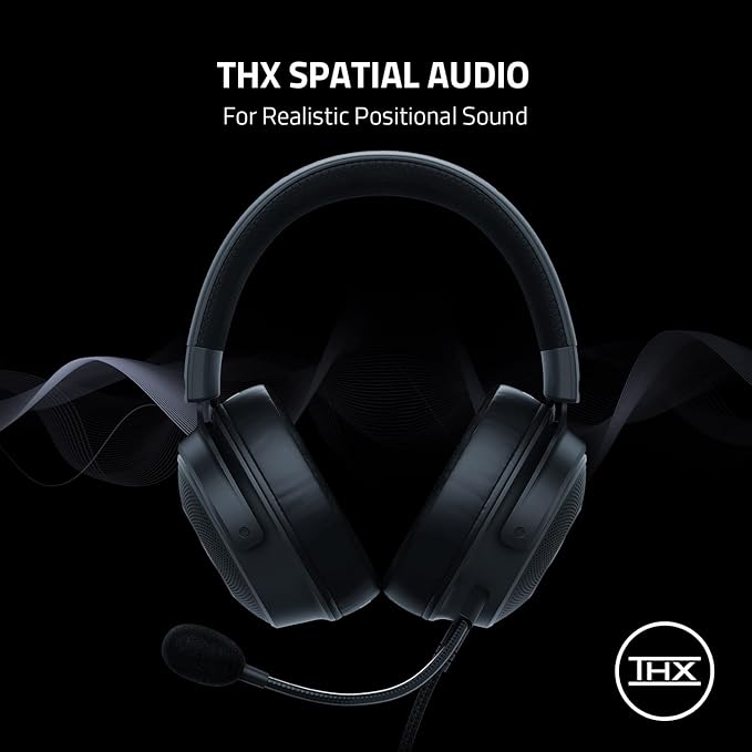 Razer Kraken V3 Wired USB Gaming Headset: Triforce Titanium 50mm Drivers - THX Spatial Audio - Chroma RGB Lighting - Hybrid Fabric & Leatherette Memory Foam Cushions - Detachable HyperClear Mic