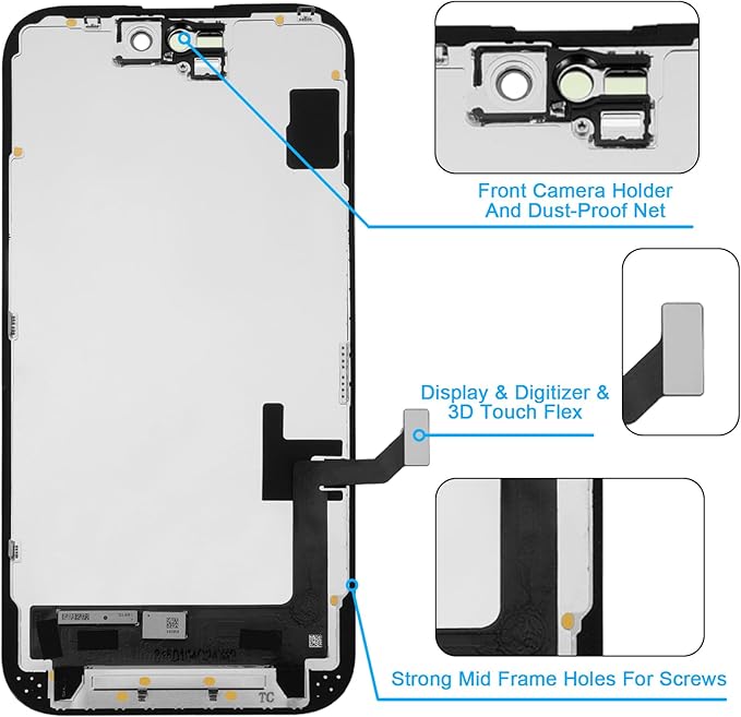 for iPhone 15 Screen Replacement 6.1', 3D Touch Display Full Repair kit, Digitizer Glass Assembly with Tools Set, Tempered Glass, Instruction