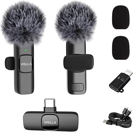 Vislla Mini Microphone for iPhone & Android,11H Battery, Noise Cancelling Wireless Lavalier Mic, Clip On Lapel Mic Pro for Content Creator Vlogging/YouTube/Tiktok/Video Recording/Streaming/Interview