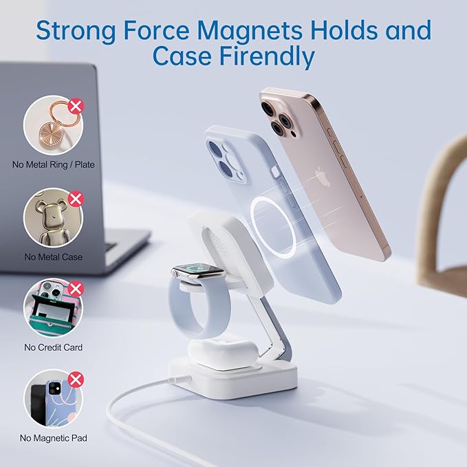2026 Traveling Wireless Mag-Safe Fast Charging Station,Magnetic 3 in 1 Charger with iPhone 17 16 15 14 13 12 Pro Max Plus,Apple Watch Series & Air pods 4 3 2 Pro-Gifts for Wife & Husband(White)