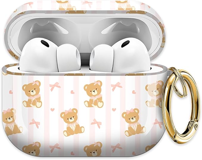 Cute Hard Case Compatible with AirPods Pro 3rd Generation Case (2025), Shockproof Protective Cover with Golden Keychain Ring Clip (Cute Bear Bow)