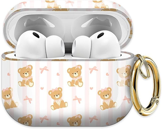 Cute Hard Case Compatible with AirPods Pro 3rd Generation Case (2025), Shockproof Protective Cover with Golden Keychain Ring Clip (Cute Bear Bow)