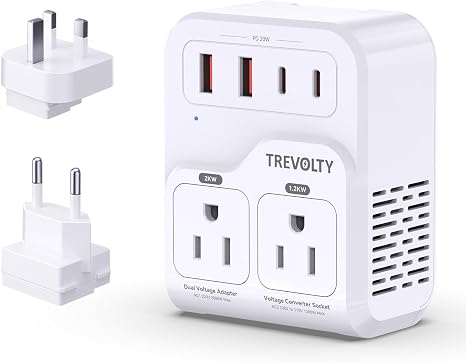 2000W Voltage Converter US to Europe for Hair Dryers, 7-in-1 220V to 110V Converter for European Travel with 3 AC/2 USBA/2 USBC Ports (PD20W), Universal Travel Adapter with Type G C Plugs