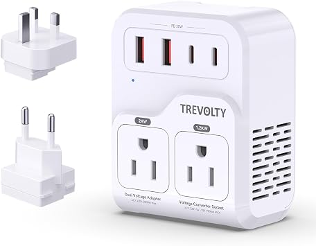 2000W Voltage Converter US to Europe for Hair Dryers, 7-in-1 220V to 110V Converter for European Travel with 3 AC/2 USBA/2 USBC Ports (PD20W), Universal Travel Adapter with Type G C Plugs