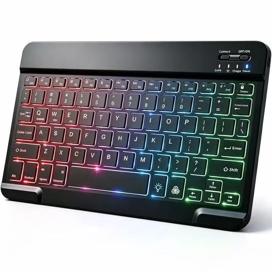 Mini Bluetooth Keyboard, Small Portable Wireless Rechargeable Keyboard with 7-Color RGB Backlit for iPad iPhone Android Samsung Tablet Smartphone (Black)
