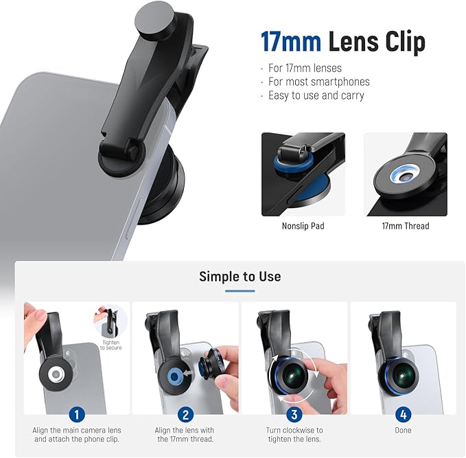NEEWER 200° Fish Eye VR Lens with 17mm Thread Phone Lens Clip for Panoramic View, Live Streaming, Outdoor Landscape, Architecture, Compatible with iPhone 17 16 Pro Max S25 Ultra