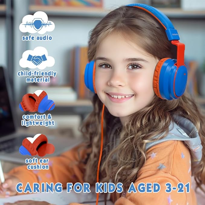 Headphone Kids Volume Limited 85/94dB Wired Over-Ear/On-Earr Foldable Headset with Inline Cable Aux 3.5mm Cord Mic for Toddler Boy Girl Child Back to School Study Pad Tablet Blue