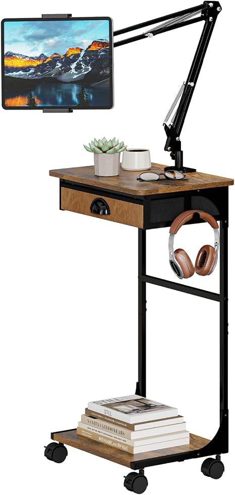 Floor Kindle Phone Tablet Stand with Drawer & Storage Shelves, Angle Height Adjustable Tablet Kindle Cell Phone Holder For Bed with Rotating Wheels, Compatible With 4.7"-13" Tablet iPone iPad Air Pro