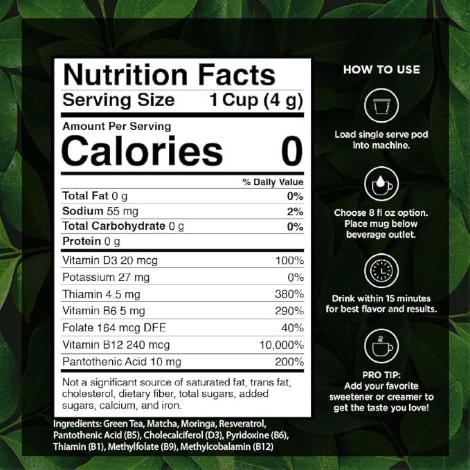 VitaCup Green Tea Pods, Enhance Energy & Detox with Matcha, Moringa, B Vitamins, D3, Keto, Paleo, Vegan, Recyclable Single Serve Pod, Compatible with Keurig K-Cup Brewers,32 Ct