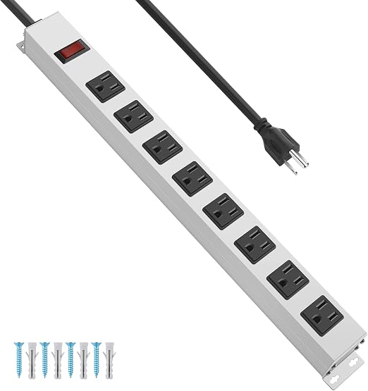 JUNNUJ Metal Long 8 Outlet Power Strip Surge Protector, White, 6 FT, 1