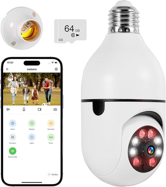 Light Bulb Security Camera, 2.4G WiFi 2K Security Cameras Wireless Outdoor Motion Detection & Alerts, Two-Way Audio, Human Detection, Color Night Vision, Bulb Camera Work with Alexa (with 64G TF card)