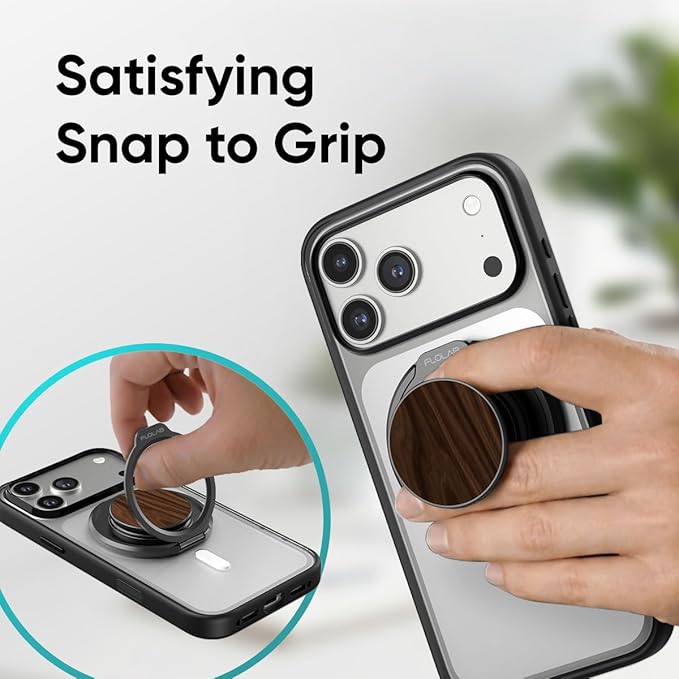 FLOLAB ForgeGrip Strong Magnetic Phone Holder & Phone Grip for MagSafe Grip iPhone Accessories Magnetic Phone Grip, Ring Holder & Stand, Satisfying Snap Grip - Walnut