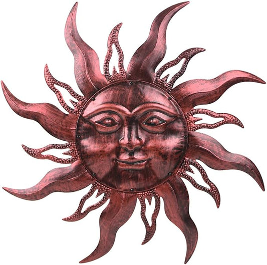 HOBYLUBY 28'' Metal Sun Wall Decor, Large Outdoor Wall Art Decor Hanging Decorative for Patio, Porch, Fence, Garden(Brown)