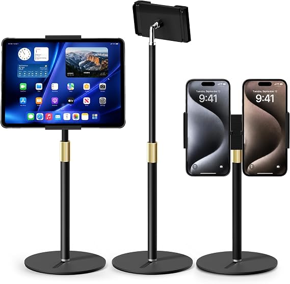Tablet Stand for Desk, Height Adjustable 9.8-20" iPad Stand Holder with Dual Device Support, Heavy Duty Metal Base 360° Rotation Portable Monitor Stand for iPad Pro Samsung Tab Kindle Phone