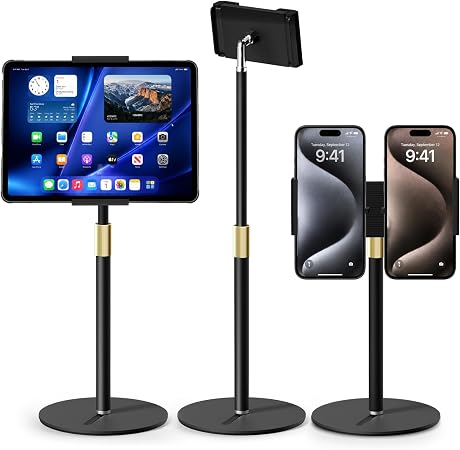 Tablet Stand for Desk, Height Adjustable 9.8-20" iPad Stand Holder with Dual Device Support, Heavy Duty Metal Base 360° Rotation Portable Monitor Stand for iPad Pro Samsung Tab Kindle Phone
