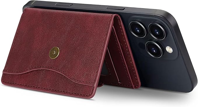 Ultra-Thin Magnetic Wallet Card Holder for iPhone and All MagSafe Protective Cases，Premium PU leather, powerful magnetic closure, stand function, 6 card slots (burgundy)