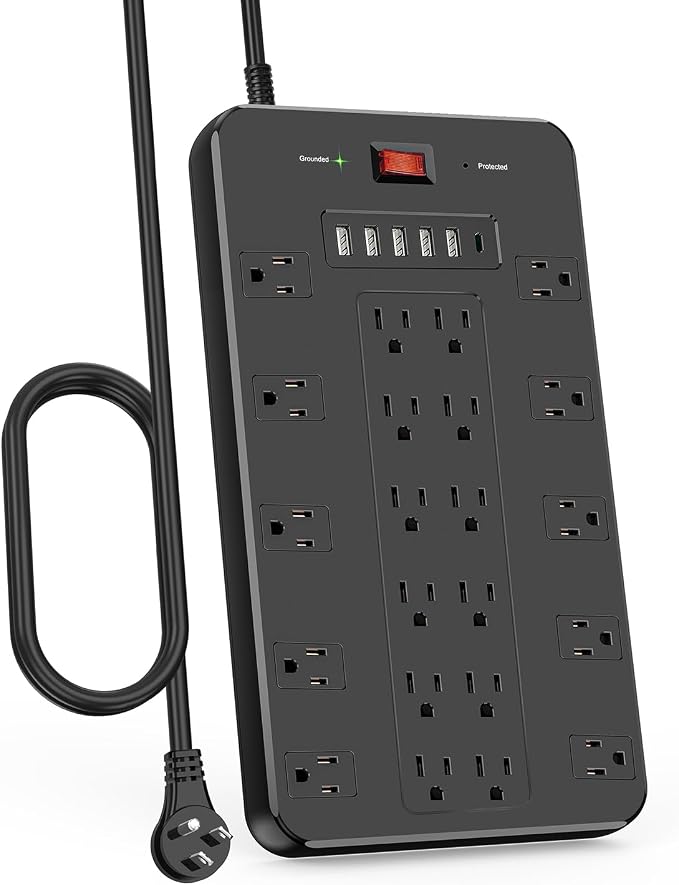 FDTEK Surge Protector Power Strip, 22 Outlets 6 USB 6.5 Ft Extension Cord