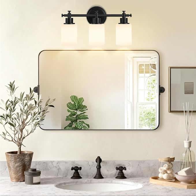 3-Light Black Bathroom Light Fixtures, Modern Vanity Lights Over Mirror, Bathroom Wall Sconces with White Glass Shade, E26 Socket, 15.75" Compact Vanity Light Fixtures