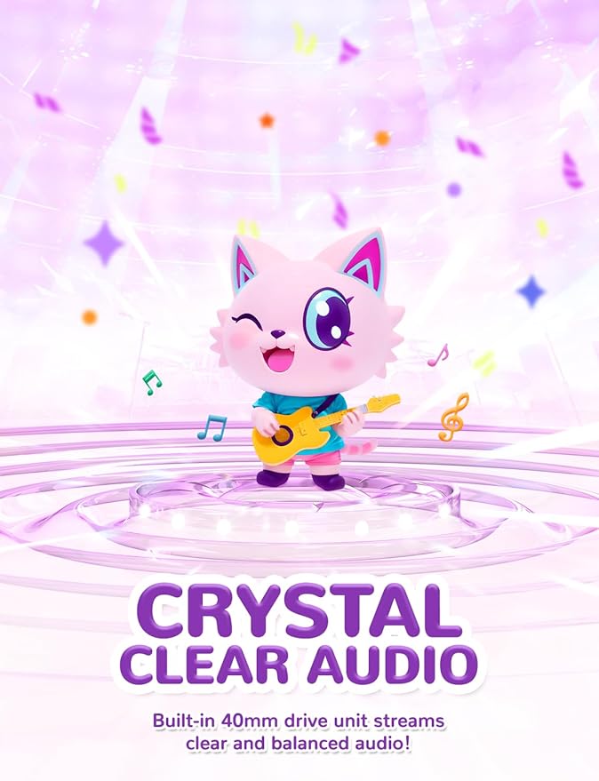 iClever Kids Headphones Cat Ear, LED Light Up, 85dBA Safe Volume, Stereo Sound Toddler Headphones for Travel School, Foldable 3.5mm Wired Kids Headphone for iPad Tablets, Meow Lollipop -Pink