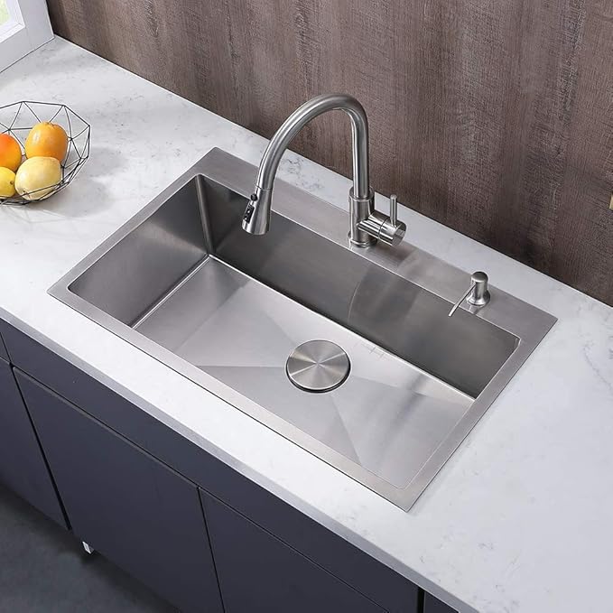 30 inch Drop in Kitchen Sink, Topmount Single Bowl 304 Stainless Steel Handmade Satin Finish Kitchen Sinks with Dish Grid and Strainer