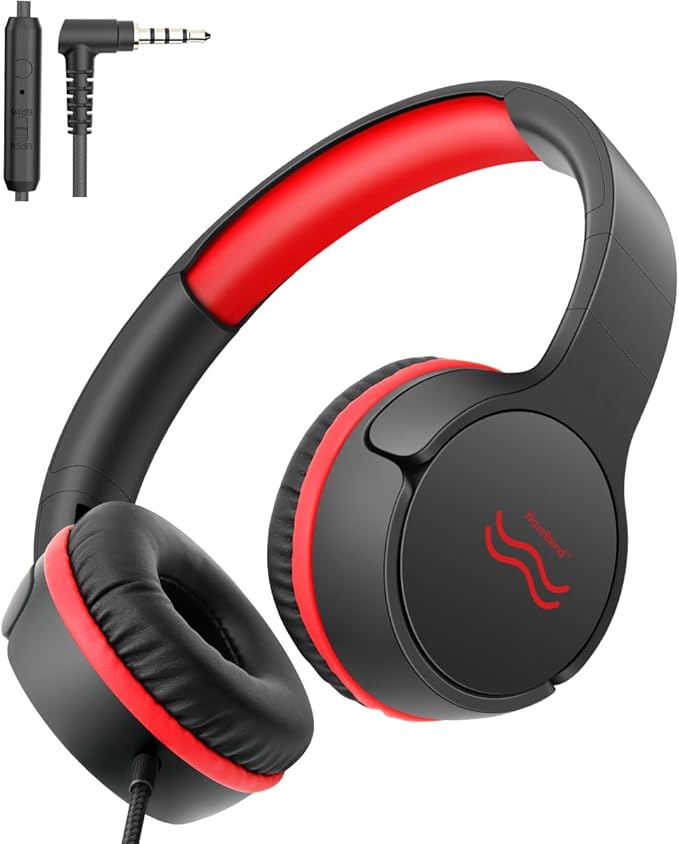 Wired Kids Headphones with Mic, Foldable, Volume Control Safe Listening(85/94dB), 3.5mm Jack on-Ear Headset for Chilren/Teens/Easter Day/School/Travel/Plane/Tablet/Laptop,Black-Red