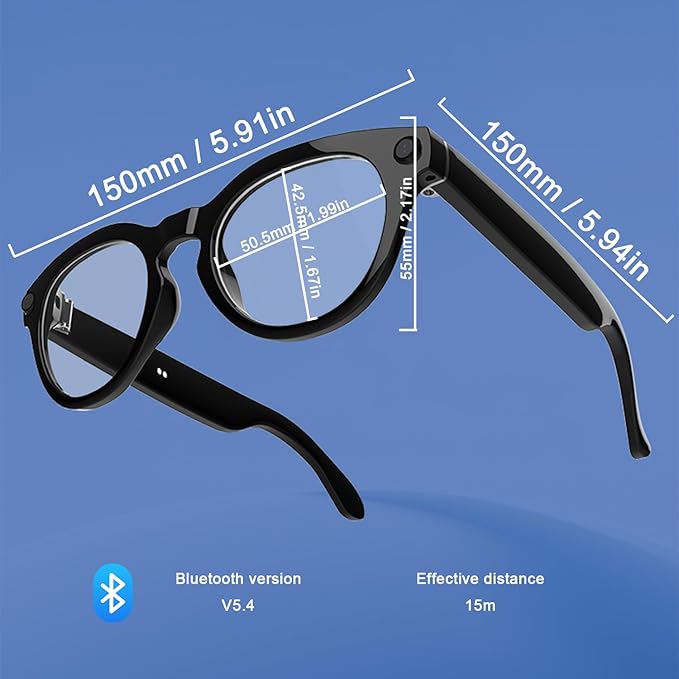 AI Bluetooth Smart Glasses with Camera, 1200P Video Recording Glasses, 8MP Anti-Shake Camera Glasses, Voice Assistant, Supports Photo/Video/Audio Recording, with AI Assistant & Real-Time Translation