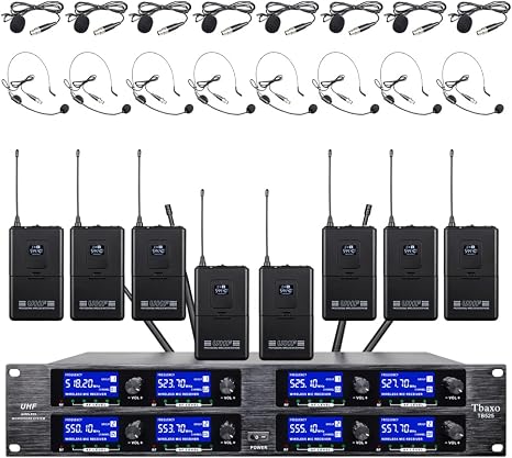 Wireless Microphone System UHF 8 Channel Lavalier Mic Bodypacks Lapel Mic 8 Headsets for Karaoke System Church Speaking Conference Meeting Classroom Wedding Party Meeting School