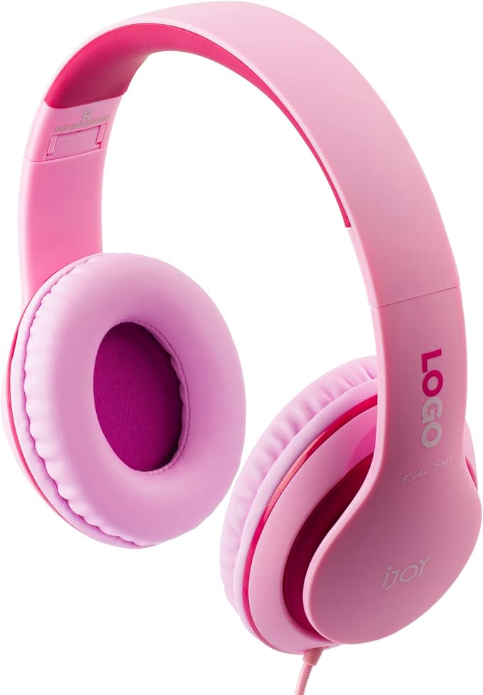 iJoy Premium Headphones with Microphone for Kids Kid Safe Over-Ear Headphones with Hearing Protection for Boys & Girls- Kid’s Adjustable Headset with Mic for School, Music- Blue (Pink)