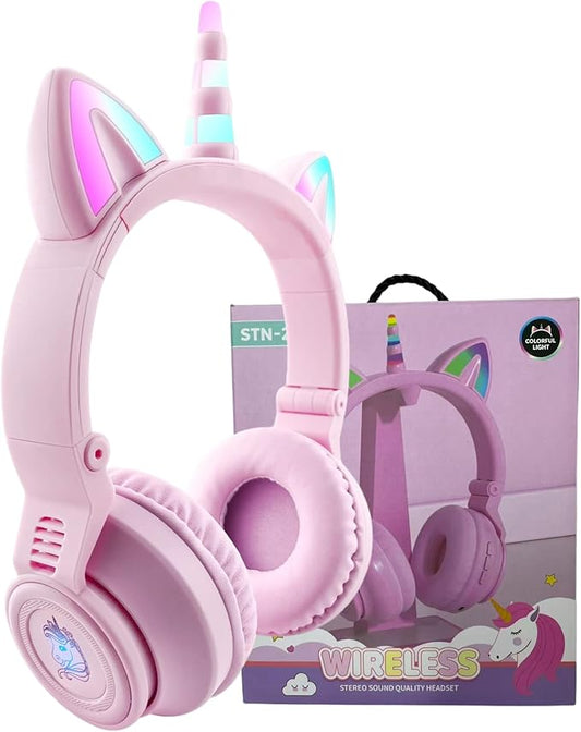 Unicorn Kids Headphones for Girls, Unicorn Bluetooth Headphones Foldable for Girls Toddlers Tablet/pad/Amazon fire,Light Up Kids Wireless Headphone Birthday Gifts (Purple Pink)