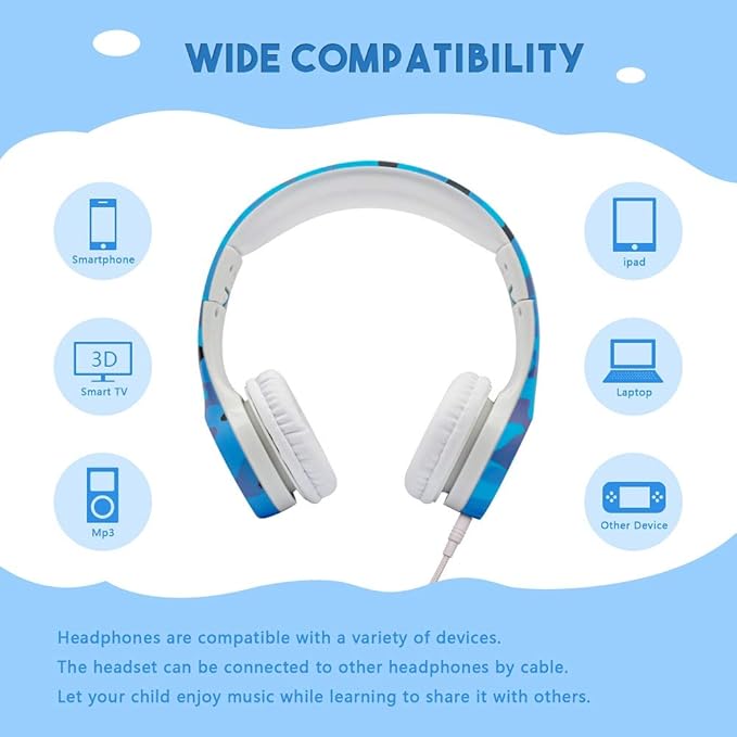 Kids Headphones with Cord, Toddler Headphones with Sharing Function, 85dB/93dB Safe Volume Limit, for Toddler Children Baby Boys Girls On-line Study, School, Travel use (camo Blue)