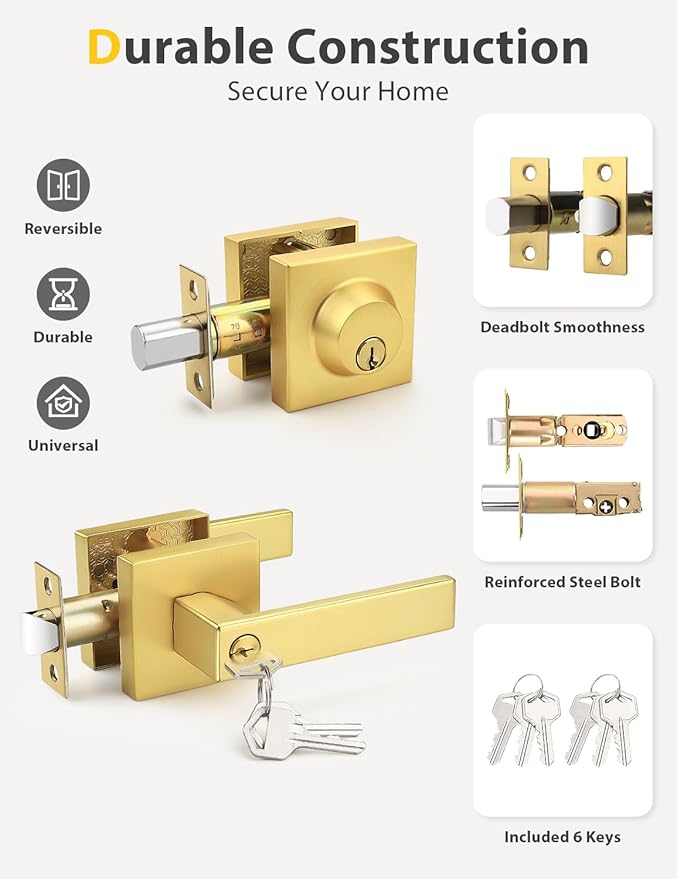 6 Pack Brushed Gold Keyed Alike Front/Exterior Door Lever with Single Cylinder Deadbolt, Satin Brass Entry Door Knob Lock Set Combo Sets, for Entrance/Front and Office Doors