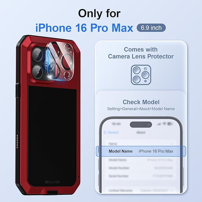 Mitywah Metal Case for iPhone 16 Pro Max, Rugged Phone Case Built-in 9H Screen Protector Military Grade Full Body Protection Heavy Duty Dual Layer Screw Bumper Protective Case iPhone 16 Pro Max Red | Aluminum Phone Case, 9H Screen Protector, Military G...