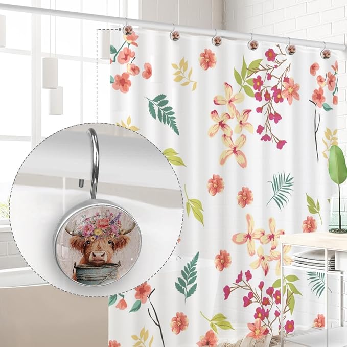 12 Packs Highland Cow with Flowers Shower Curtain Hooks, Stainless Steel Glass Shower Curtain Rings for Bathroom Decor, Rustproof Metal Curtain Rod Hooks