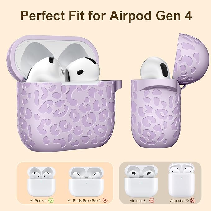Leopard Engraved Compatible AirPods 4 Case, Soft Silicone Protective Case for Apple AirPods 4th Gen, Cute Accessory with Keychain (Lavender)