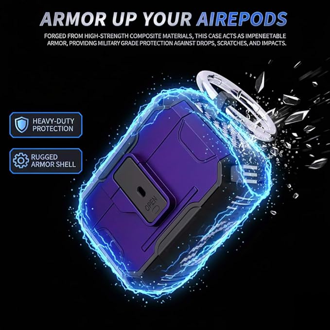for AirPods Pro 3 Case, Secure Lock Magnetic Lid Cover with Keychain, Military Grade Shockproof Protective Case for Airpods Pro 3rd, Wireless Charging & Front LED Visible, Purple Black