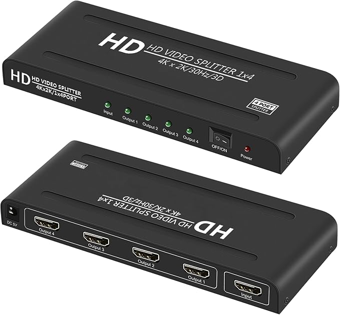 4K HDMI Splitter 1 in 4 Out - 1x4 Powered HDMI Splitter 4 Port Multi Monitor Outputs,Mirror/Copy Screen Only (Not Extend) Support 4Kx2K@30Hz 3D for PS4/Projector/HDTV